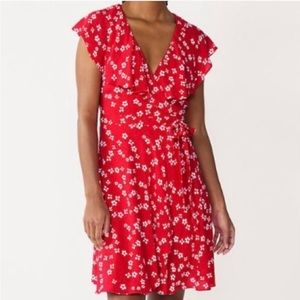 Draper James RSVP Red and White Floral Wrap Dress with Flutter Sleeves S…